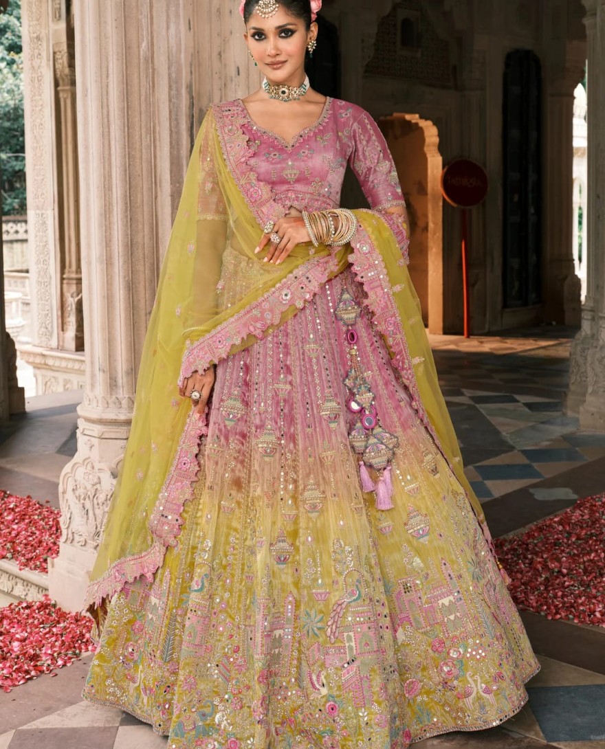 YELLOW - Sunshine Yellow & Pink Fancy Silk Lehenga Choli With Cut Work Embroidery Border & Stone Work
